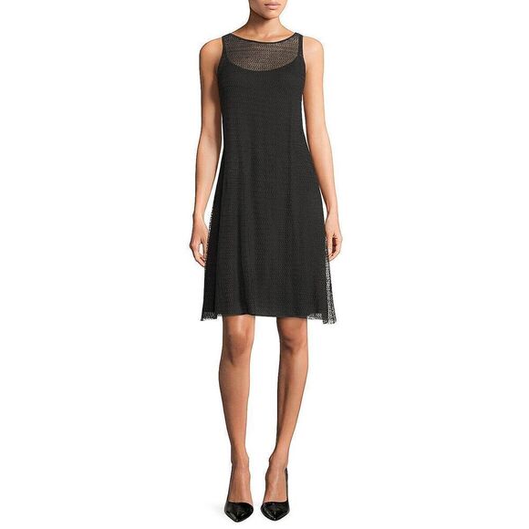 NWT $318 Eileen Fisher Sheer Hemp Herringbone Lace Open Knit Tank Dress Black - Picture 2 of 14